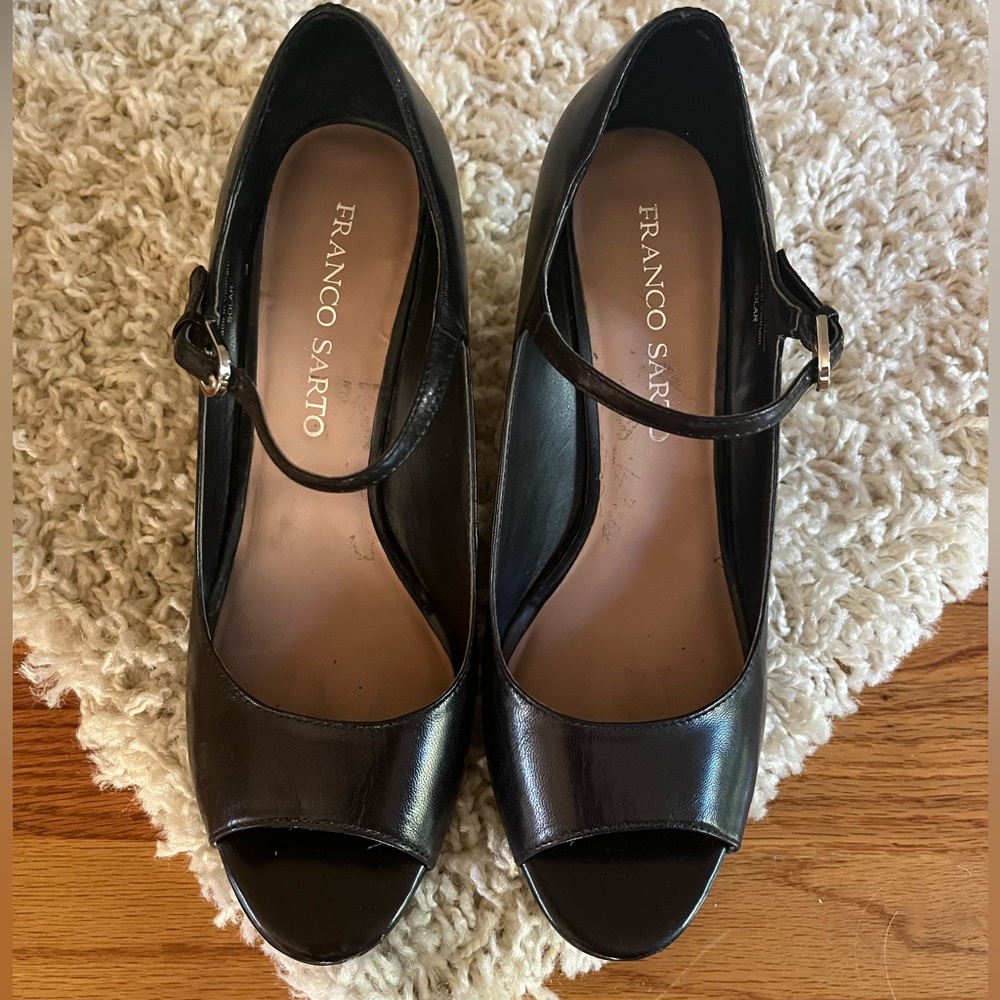 Franco Sarto Black leather 3” wedge heel with strap great condition 8 1/2W